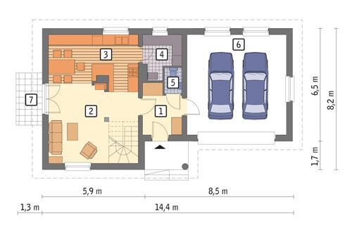 Rzut parteru: wersja podstawowa POW. 82,8 m²